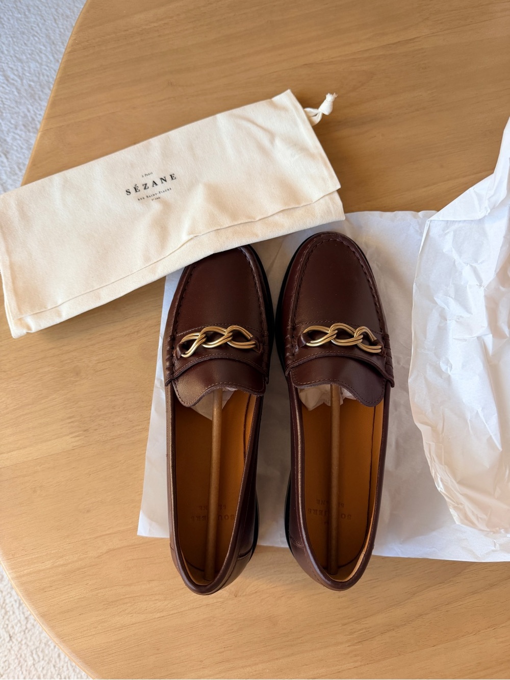 Sezane - Vicky Loafers Chocolate Brown Leather with Gold Chain - Size 39